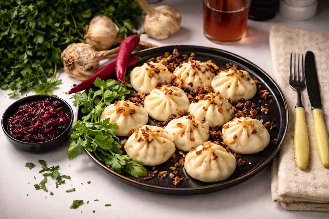 Chinkali, gruzińskie pierożki z mięsem i okrasą na ciemnym talerzu